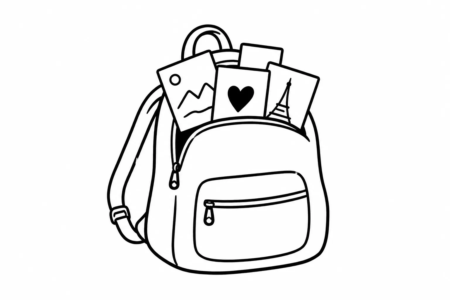A travel backpack filled with postcards